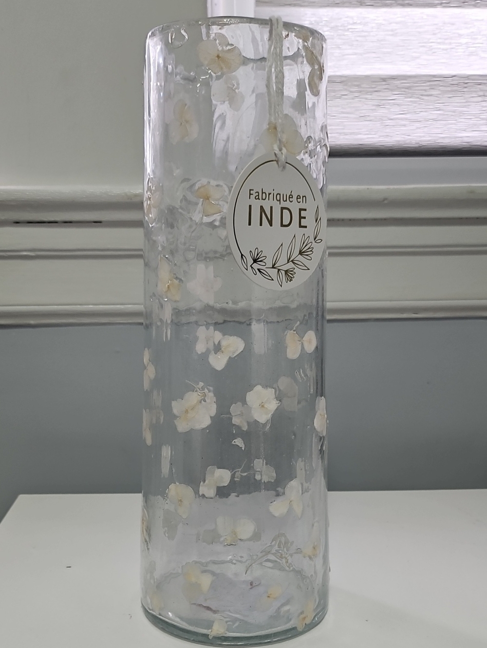 Handcrafted Clear Glass Vase with White Floral Inlay -